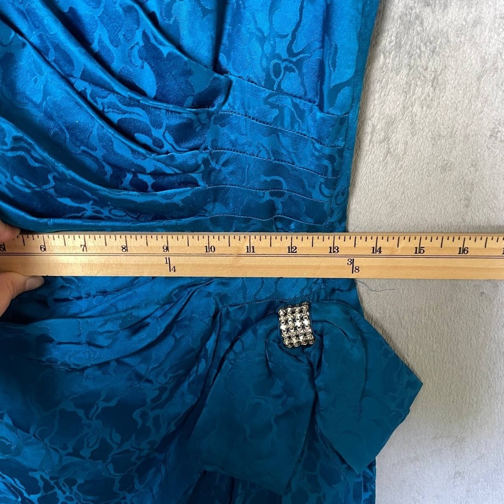 Vintage AJ Bari 100% Silk Teal Floral Ruched Ruffle Sleeve Cocktail Dress Size 8 - Picture 7 of 13